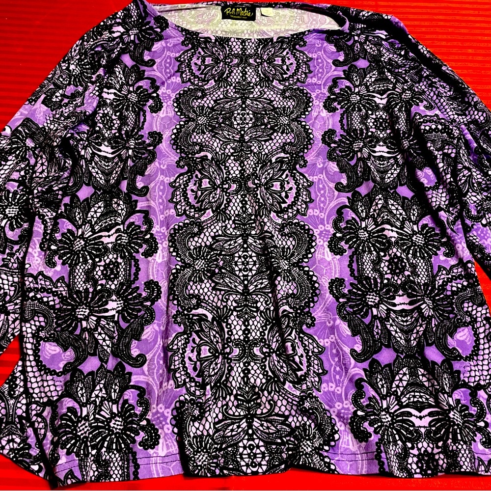 Pre-Owned Purple Bob Mackie Wearable Art Paisley Lace Long Sleeve Shirt